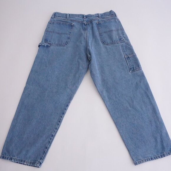 Vintage Rustler Carpenter Dungaree Mid-wash Wide-leg Blue Denim Jeans 38X30 - Picture 1 of 15